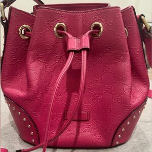 Gucci GG Debossed Diamante Leather Studded Bright Bucket Bag